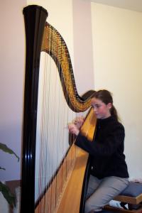 [Foto:
                  Nienke van Loon op de pedaalharp]