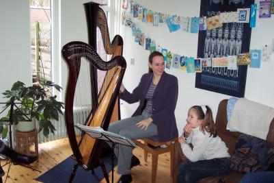 [Foto: Nienke
                vertelt tijdens huiskamerconcert]